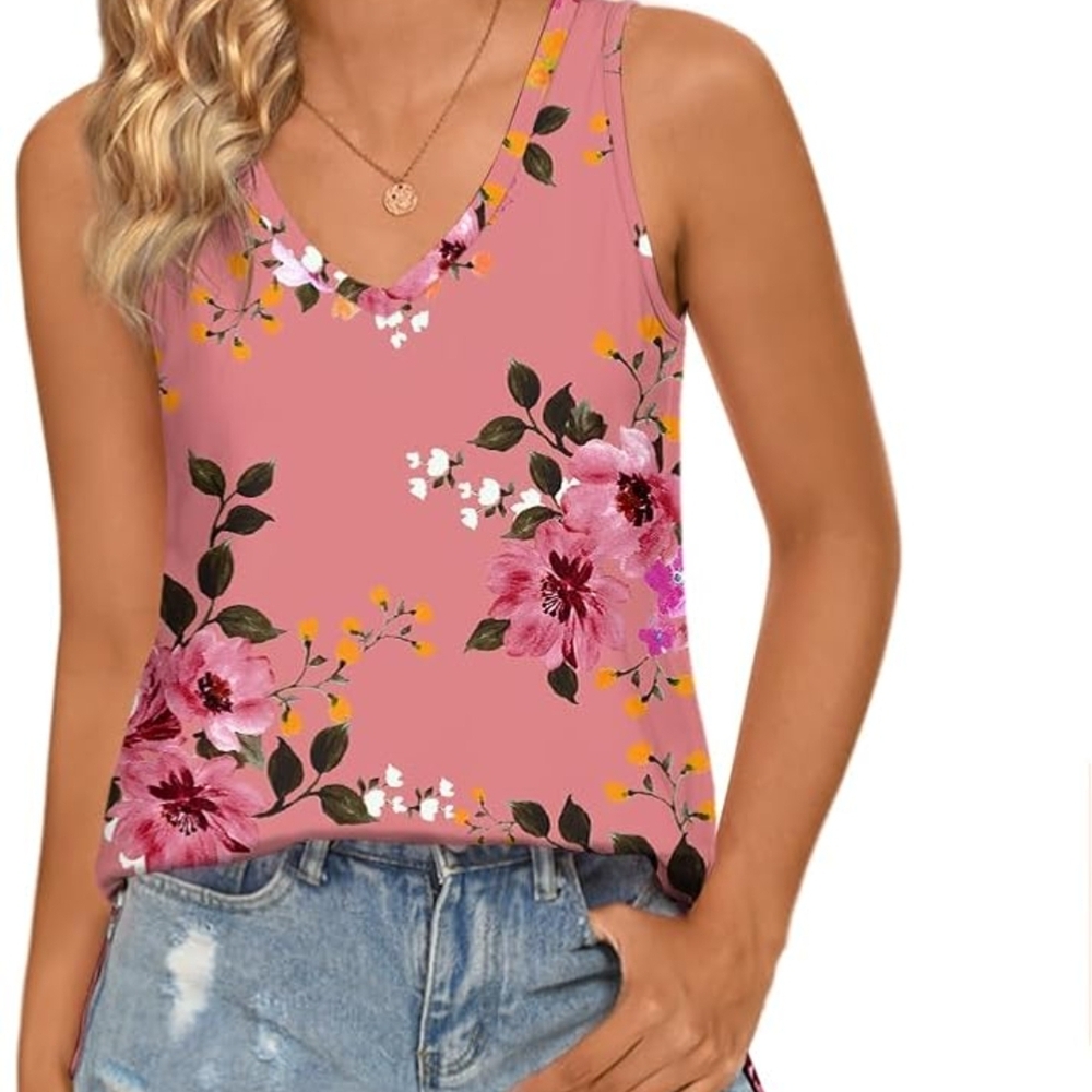Sleeveless Floral V-Neck Tank Top - Pink